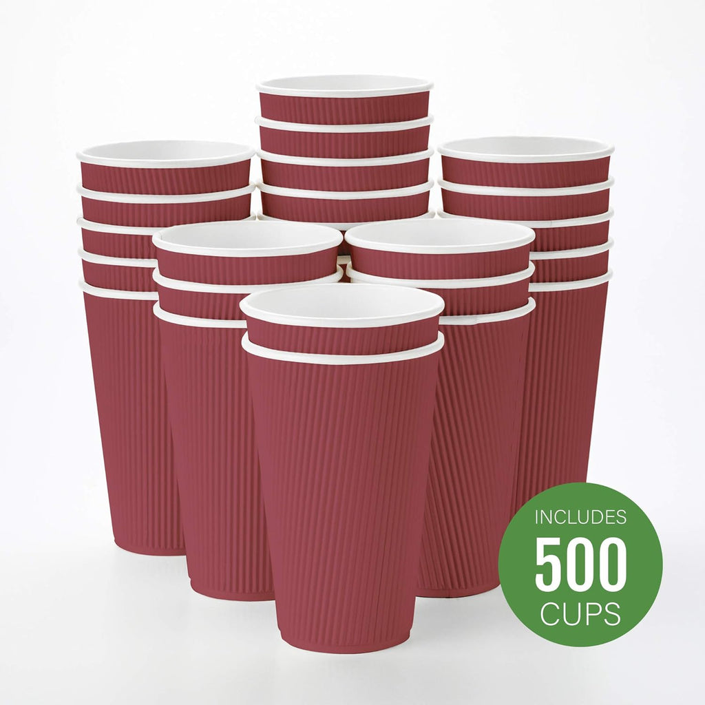 Restaurantware 12 Ounce Double Wall Disposable Coffee Cups, 500 Insulated Crimson Paper Tumblers with Rolled Rim Design, Lids Sold Separately for Hot Drinks like Tea, Hot Chocolate and More