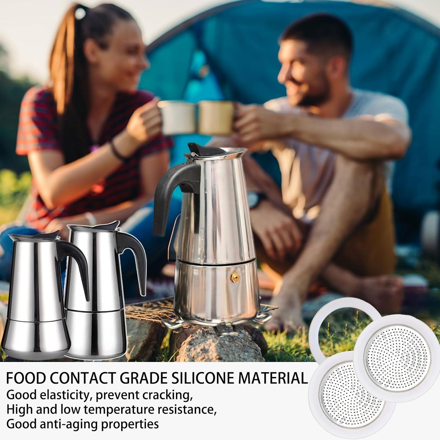 2 Pcs Filter with 3 Pcs Silicone Gasket Seals for 4 Cup Stovetop Espresso Coffee Maker Replacement Parts for Big Tummy and Straight Stainless Steel Moka Pot