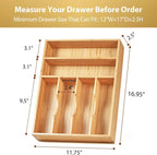 Umilife Kitchen Drawer Organizer, 12 Inch Silverware Utensil Tray Holder, Extra Deep, with Non-Slip Feet & Grooved Drawer Divider, 6 Slots Total Bamboo Wood Caddy for Flatware Cutlery Knives