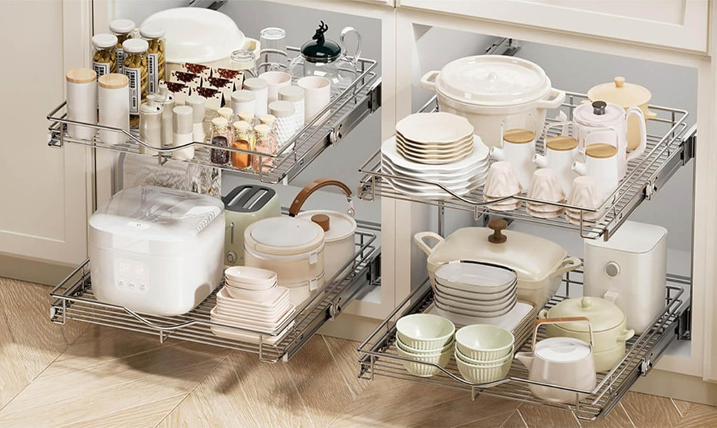 DINDON Pull Out Cabinet Organizer (14" W X 21" D), Cabinet Pull Out Shelves, 2 Tier Pull Out Drawers for Kitchen Cabinets, Wire Basket Slide Out Shelf for Cabinet Organization in Kitchen, Pantry