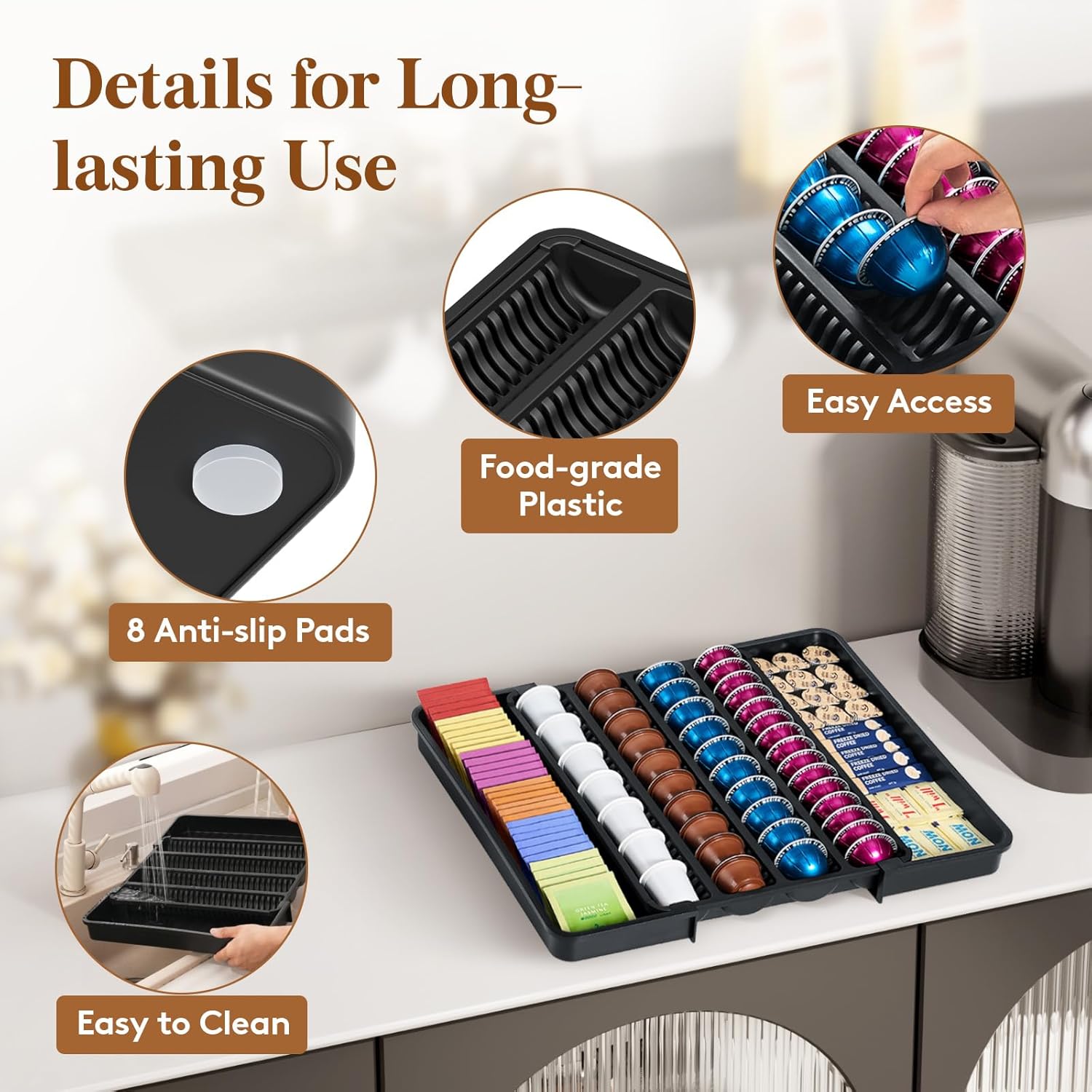 Lifewit Coffee Pod Holder Drawer Organizer, Expandable Coffee Pods Storage Drawers Insert for Tea Bags, Bar Organizer Compatible with K Cup, Nespresso OriginalLine, VertuoLine Capsules Black