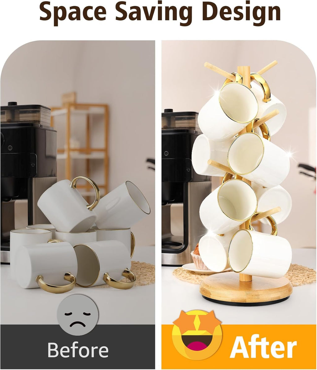 Lorbro Coffee Mug Tree, 360° Rotated Mug Holder with 8 Hooks, Wooden Coffee Cup Holder, Upgraded Mug Rack for Countertop, Coffee Mug Organizer Storage Stand, Coffee Bar Accessories & Kitchen Decor