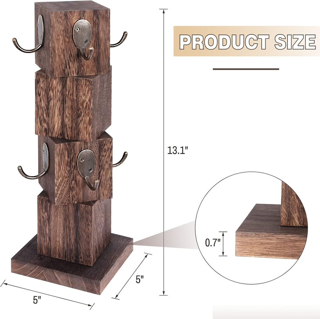 Coffee Mug Holder Tree, Rustic Solid Wood Mug Tree Stand with 8 Hooks, Farmhouse Coffee Cup Holder for Counter, Mug Hanger for Kitchen Organizer, Brown