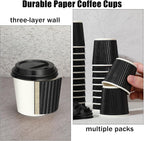 Uiifan 100 Set 4oz Disposable Espresso Cups with Lids Ripple Corrugated Paper Disposable Coffee Insulated Hot Ripple Cups for hot Chocolate, Tea, and Cocoa Drinks(Black)