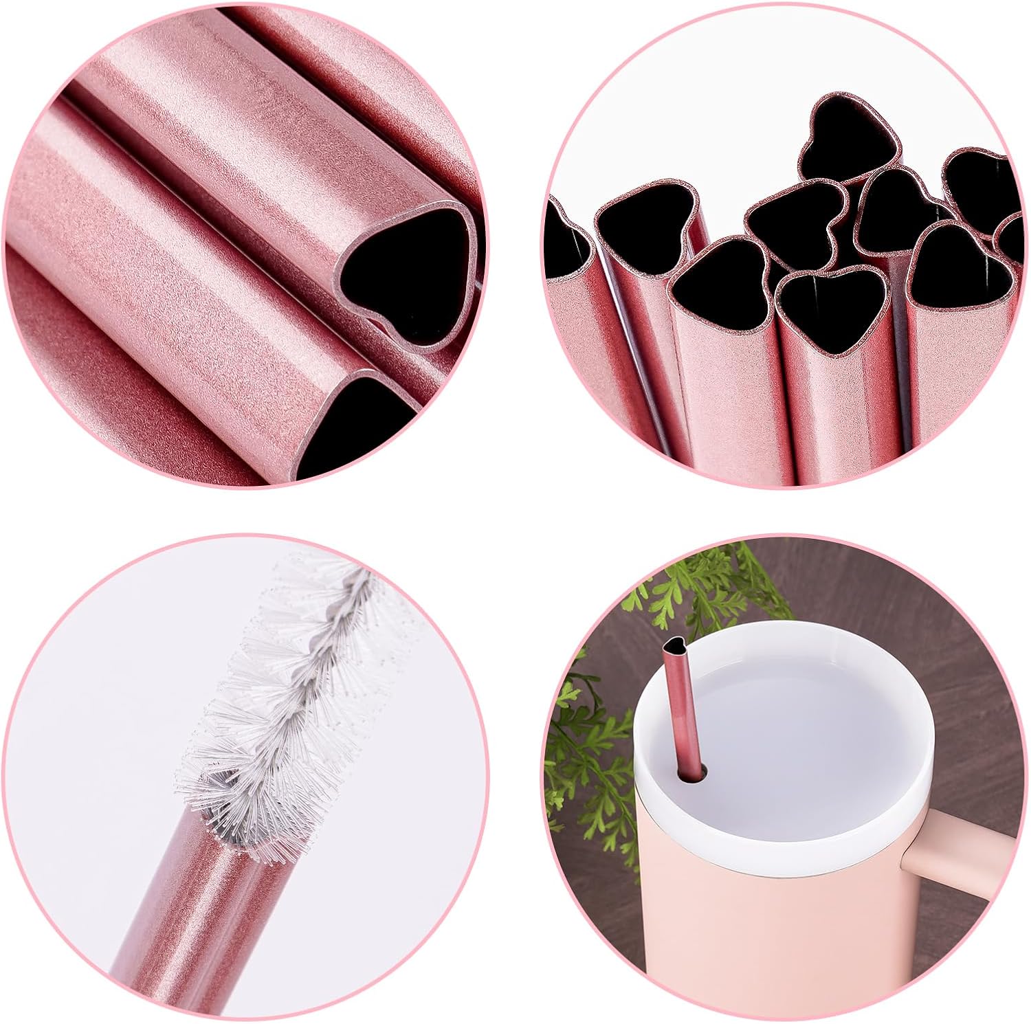 NiHome 12-Inch Heart-Shaped Stainless Steel Drinking Straws for Stanley Tumbler 40oz 10-Pack with 2 Cleaning Brushes, Reusable for Hot & Cold Drinks, Dishwasher Safe, Safe Edges for Kids (Pearl Pink)