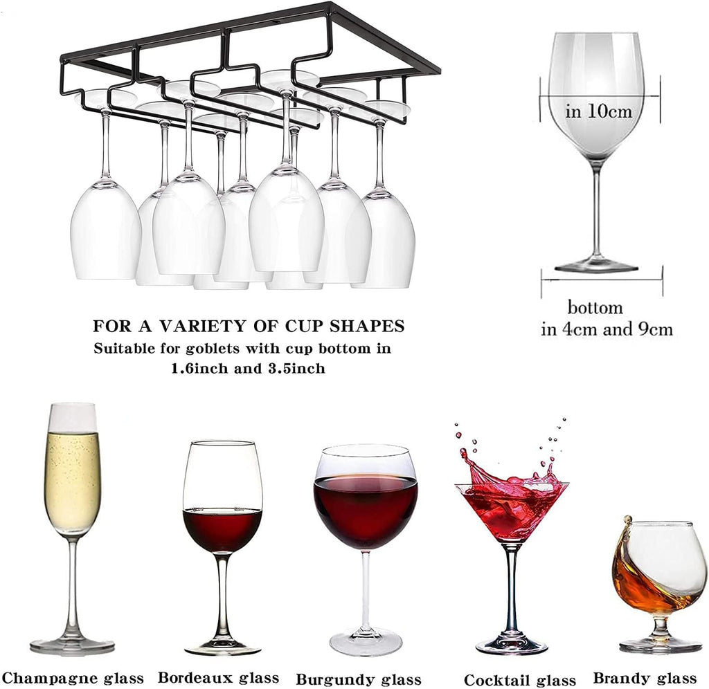 Wine Cup Holder Table Decoration Storage Hanger Metal Organizer for Bar Kitchen Stemware Rack Under Cabinet Stainless Steel Hanger Storage Shelf Black (Black, 3 Rows 2 Packs)