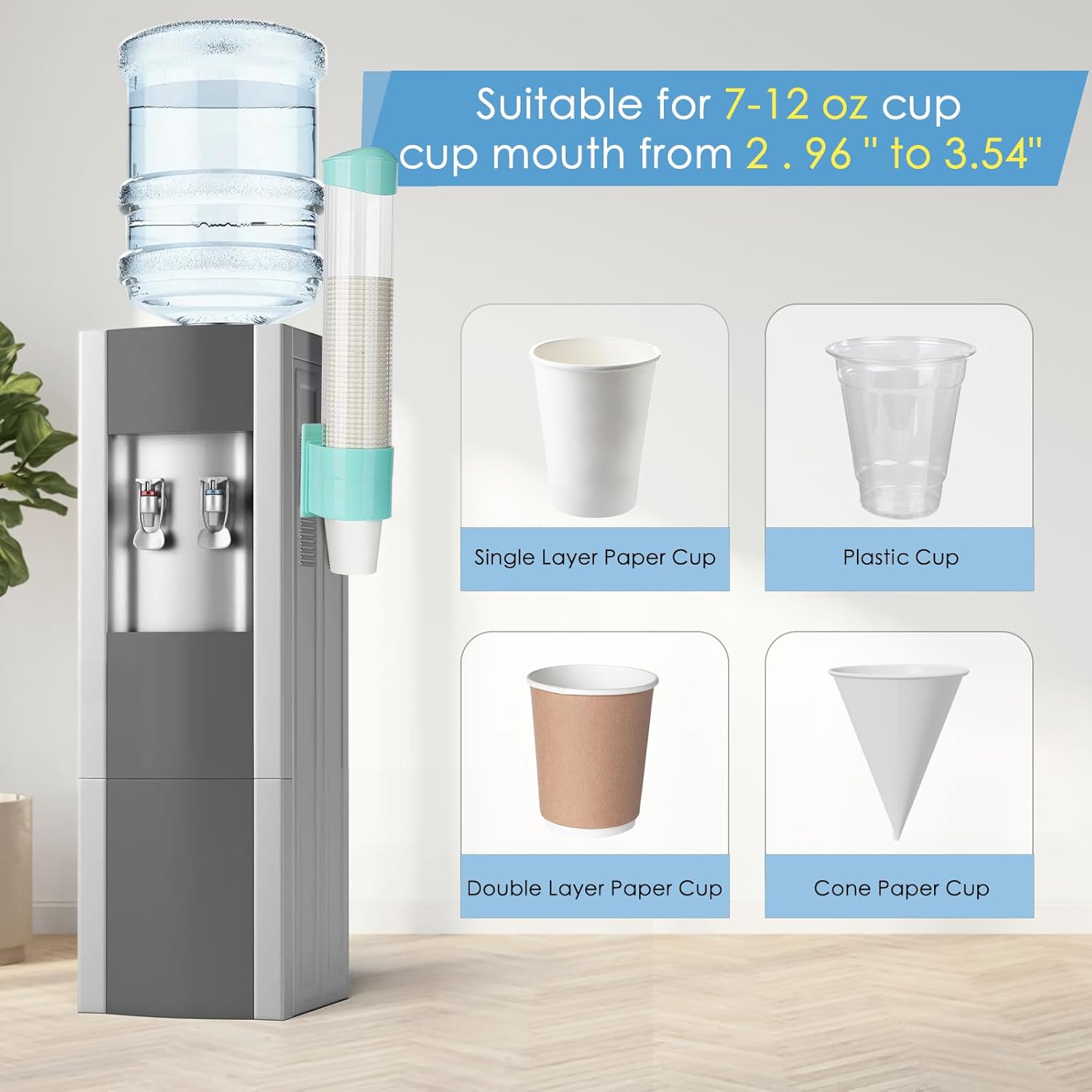 Medium Pull Type Cup Dispenser, Paste or Screw Plate Mountable Cups Holder, Fits 5oz - 7oz Cone or Flat Bottom Cups, 16” Tube Length, Mounting Water Dispenser Cooler or Wall (Medium, Green)