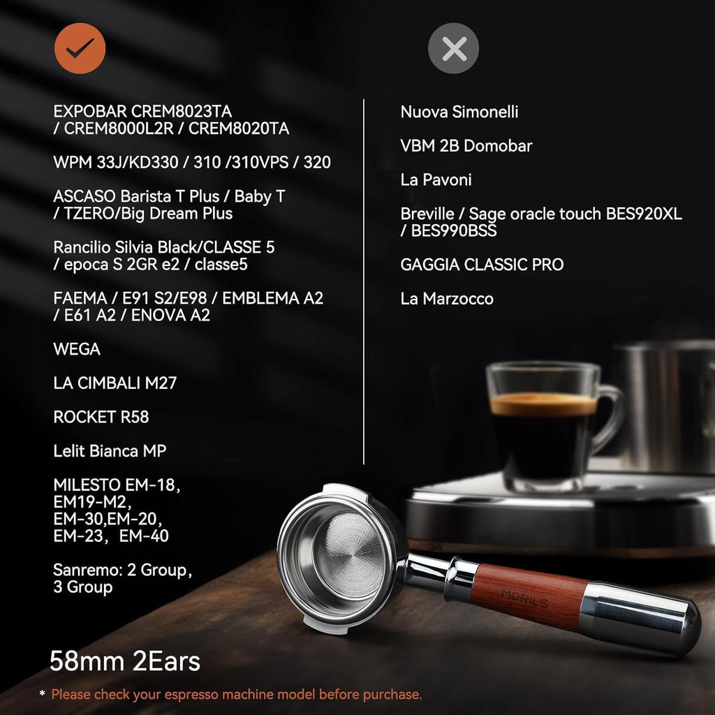 Bottomless Portafilter 58mm with Double Shot Filter Basket & Premium Walnutwood Handle, Portafilter with Puck Screen Compatible with All Breville 58mm Machines, Espresso Accessories, Silver