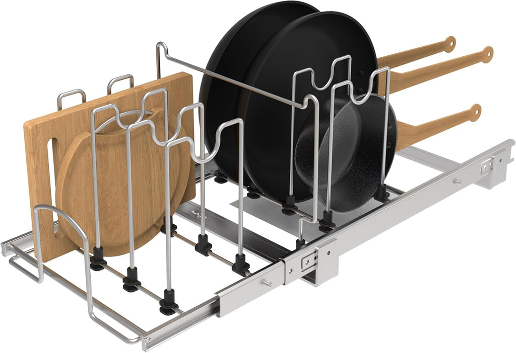 Pots and Pans Pull Out Organizer Under Cabinet, Adjustable Slide Out Pan and Pot Lid Rack Holder, Wire Dividers Kitchen Organization And Storage, Full-Extension Rail 12" W X 20" D