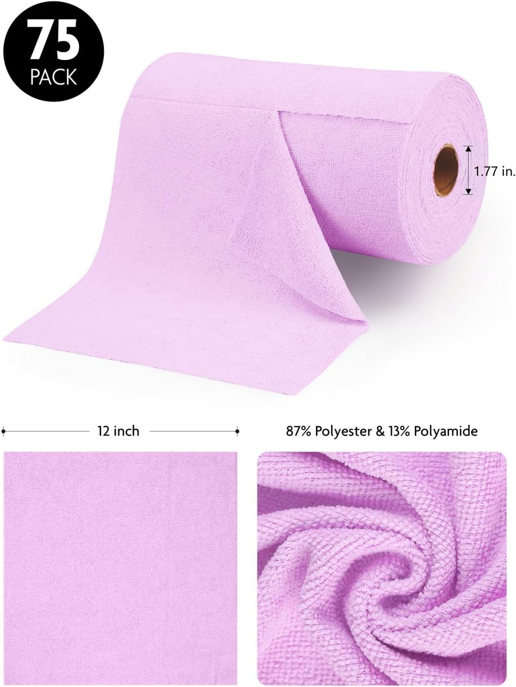 Fantasticlean Microfiber Cleaning Cloth Roll -75 pack, Tear Away Microfiber Towels, 12" x 12", Reusable, Washable, Scratch Free, Ultra Absorbent Dishcloth for Home Supplies, Car, Pet, Kitchen (Purple)