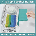 StorageRight 4-in-1 Sponge Holder for Kitchen Sink, Kitchen Organizers and Storage with Adhesive Hook & Suction Cups, Rustproof Sink Caddy for Kitchen Decor, Kitchen Sink Organizer - Silver
