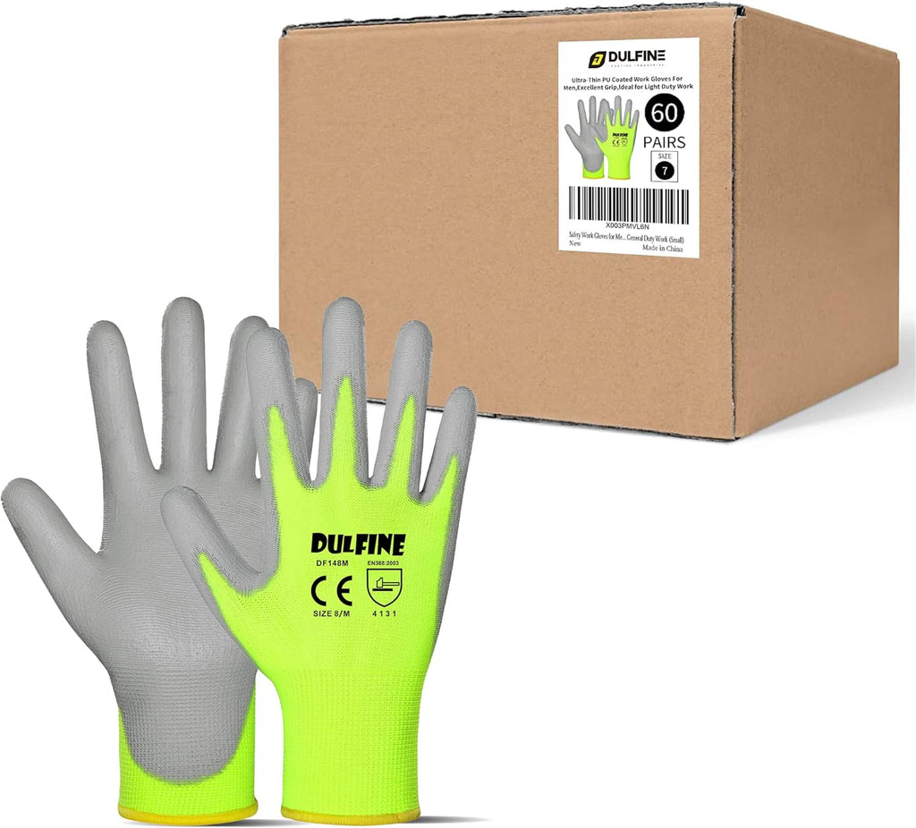 DULFINE Safety Work Gloves for Men PU Coated 60 Pairs Bulk Pack,Hi-Vis Yellow Seamless Knit Glove with thin Polyurethane Coated Smooth Grip on Palm & Fingers,Ideal for General Duty Work (Small)