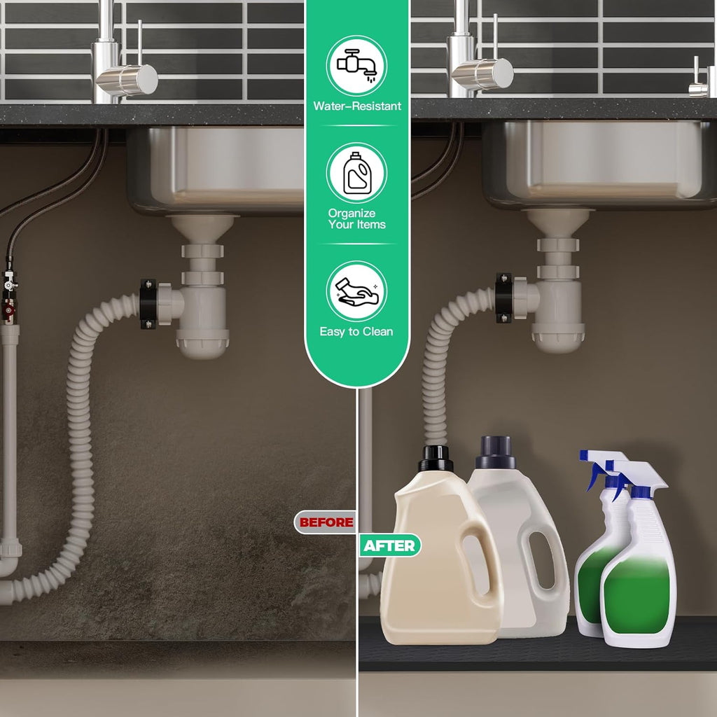 TRZZ Silicone Waterproof Under Sink Mat 28" x 19", Drip Tray and Cabinet Liner for Kitchen and Bathroom, Prevents Water Damage and Organizes Cabinets (Black)