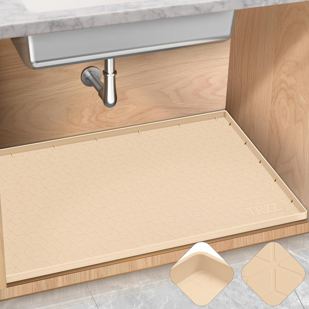 TRZZ Silicone Waterproof Under Sink Mat 34" x 19", Drip Tray and Cabinet Liner for Kitchen and Bathroom, Prevents Water Damage and Organizes Cabinets (Beige)
