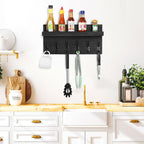 Shelf with Hooks, Coat Rack Wall Mount with 6 Double Metal Hooks, 17 Inch Farmhouse Wall Hooks with Shelf, for Entryway, Bathroom, Kitchen, Black