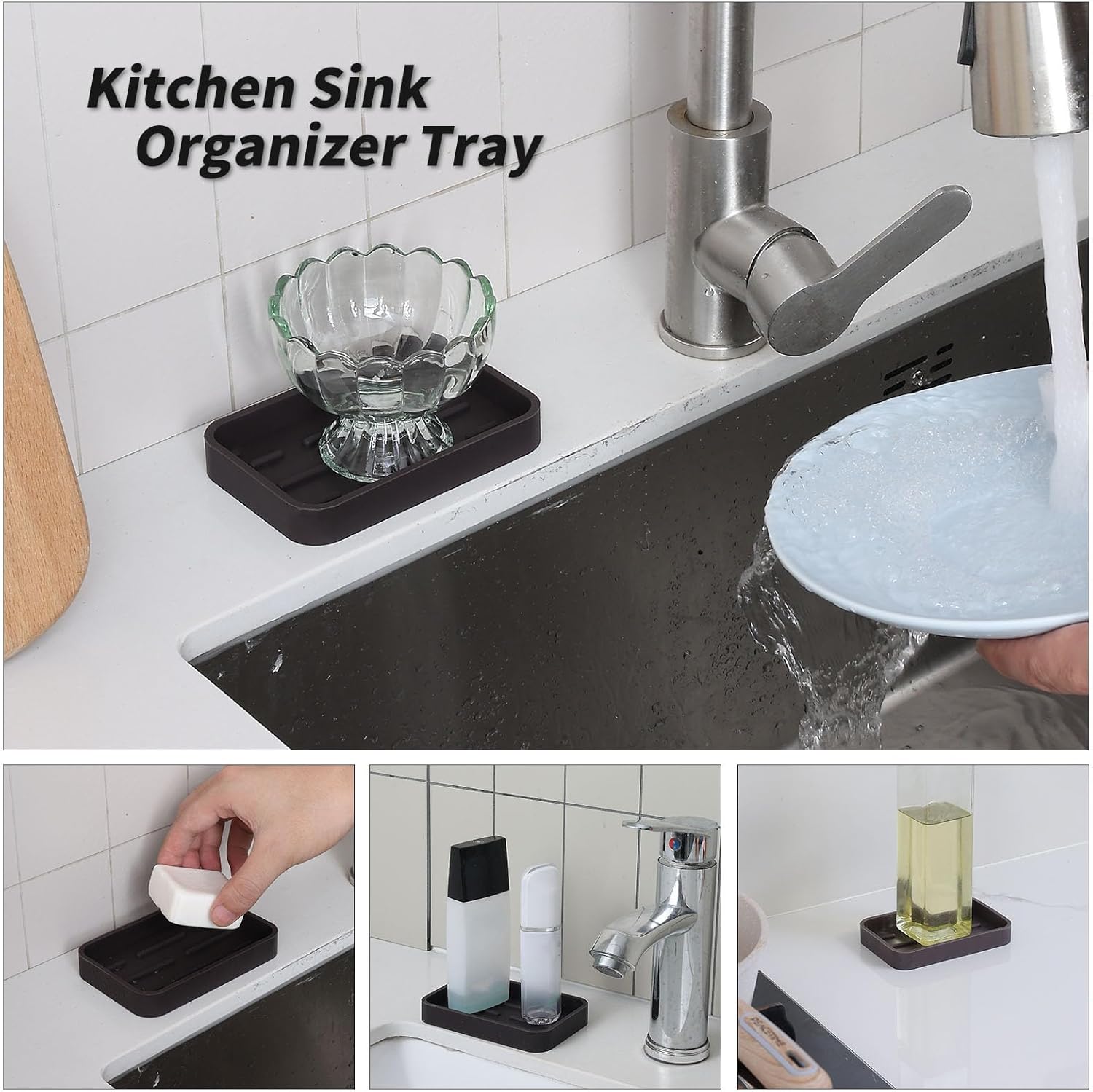 Silicone Kitchen Sink Organizer Tray for Multiple Usage,Easy Clean Sponges Holder for Kitchen Bathroom Counter or Sink,Dish Soap Dispenser,Scrubber,Bottle,Cup Coffee 4.9”x 3.2”