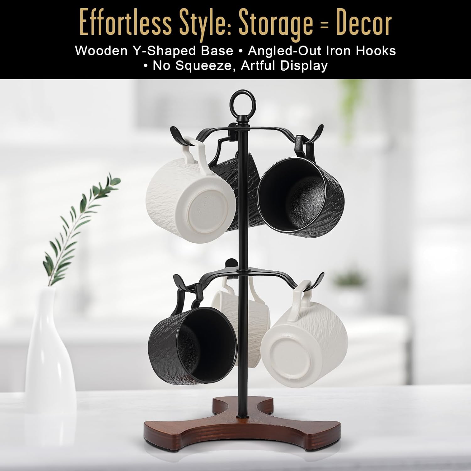 Mug Tree Y-Shaped, Coffee Mug Holder with Angled - Out Iron Hooks (No More Squeezing!), Solid Wood Base & Sturdy Iron Coffee Cup Rack, 6 Hook, Tools Included, Easy Install, Elevate Kitchen Nook Décor