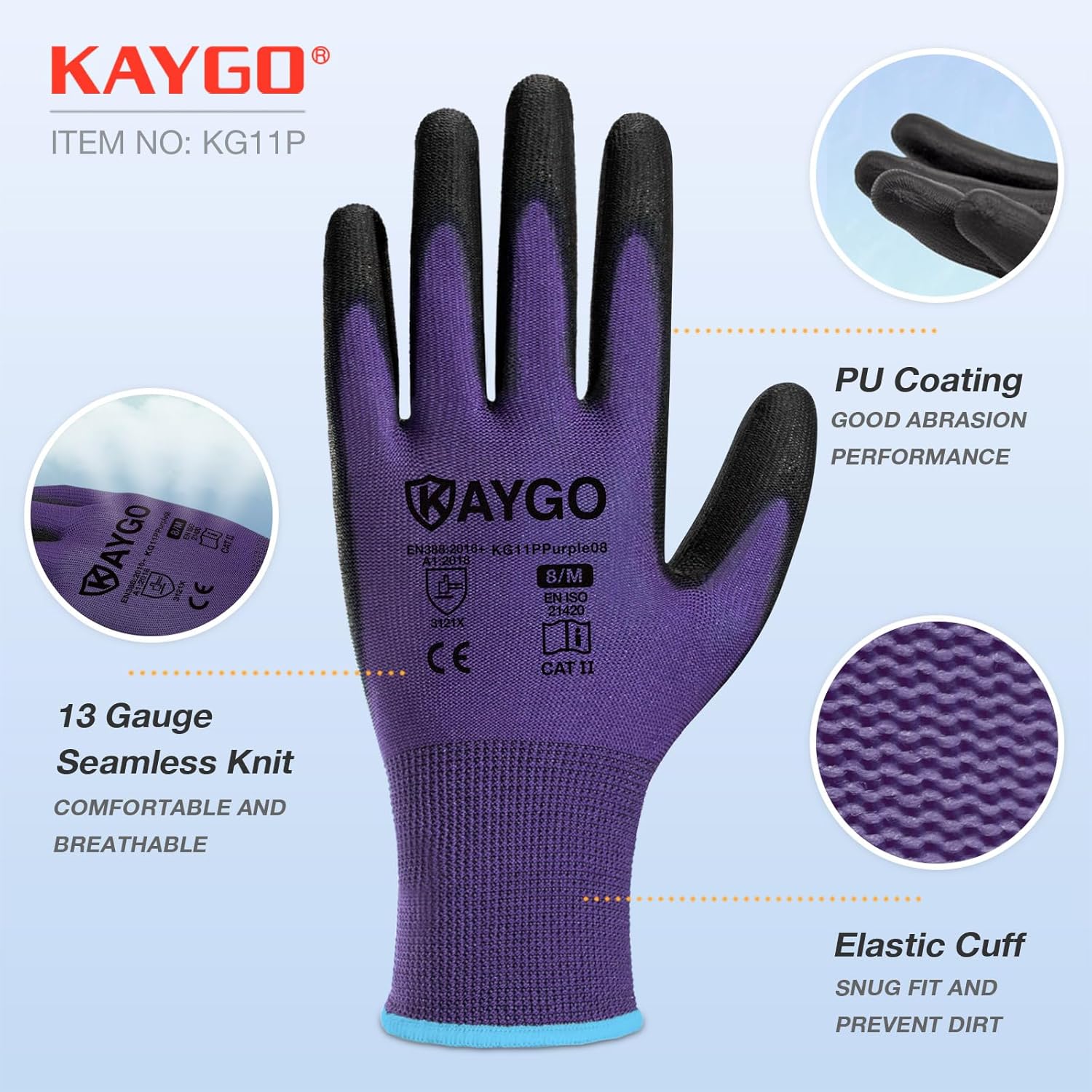KAYGO Safety Work Gloves PU Coated,12 Pairs KG11PB Seamless Knit Glove for Men and Women, with Smooth Grip on Palm and Fingers, Ideal for General Duty Work (Small, Purple)