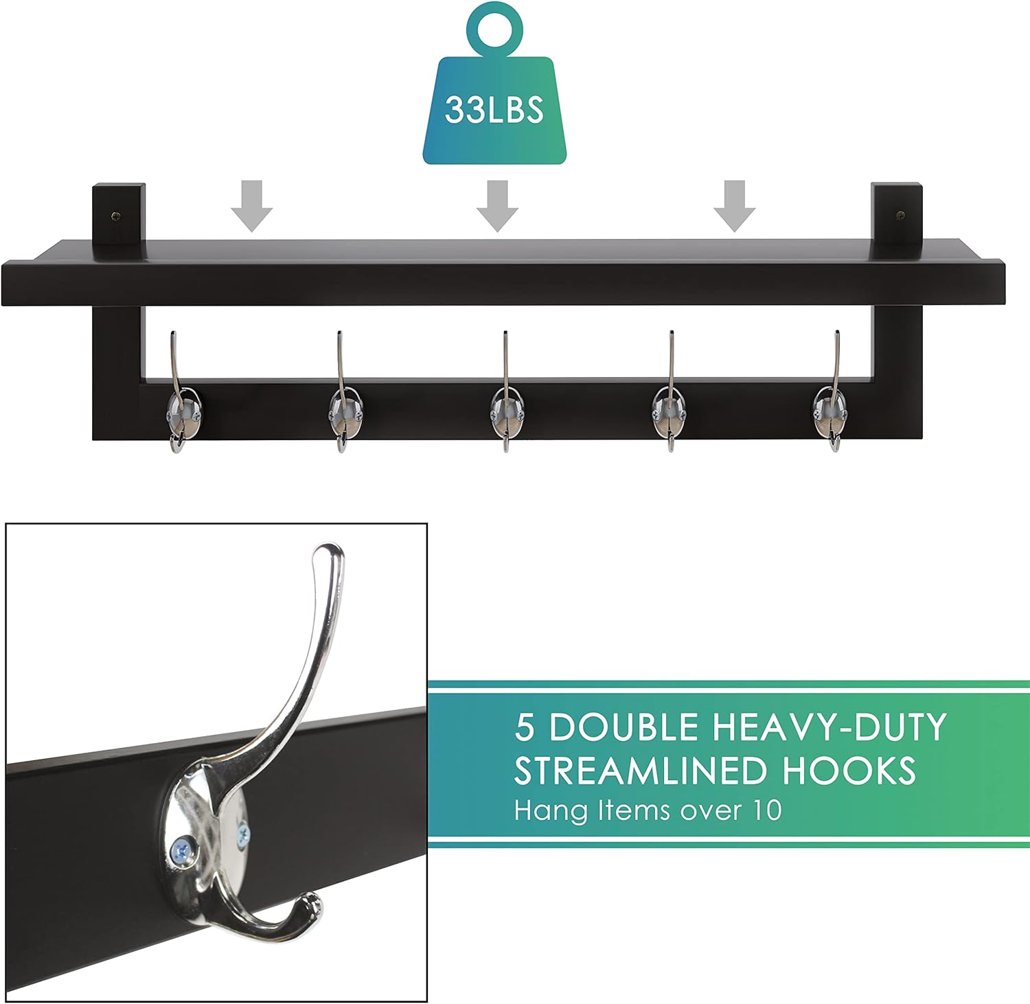 SMIBUY Coat Hooks with Shelf Wall-Mounted, 29.2 Inch Entryway Coat Rack for Wall, Bamboo Hanging Shelf with 5 Double Metal Hooks for Bathroom, Bedroom, Kitchen, Living Room, Mudroom (Black+Silver)