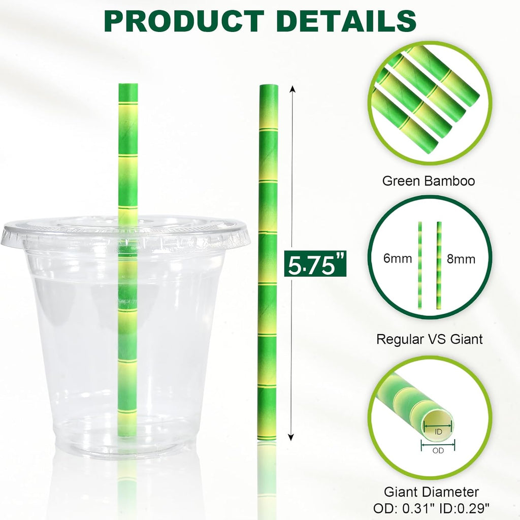 5.75" x 0.31" Green Bamboo Disposable Paper Drinking Straws for Short Drinks, Blended Cocktails, Margaritas, Smoothies, Milkshakes - Unwrapped [250 Counts]