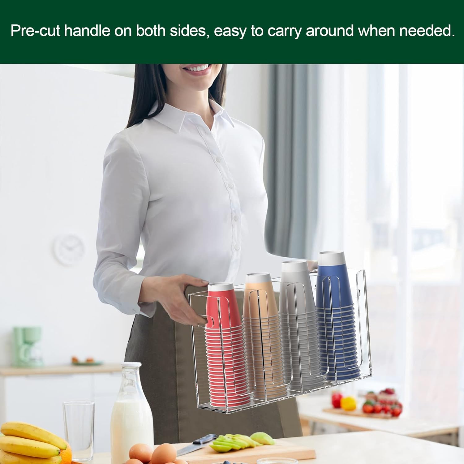 Disposable Coffee Cup Dispenser with Handles, Countertop or Wall Mount Hot/Cold Drink Cup and Lid Holder - Bathroom/Kitchen/Office Acrylic Cup Lid Storage Organizer (4 Compartments, Clear)