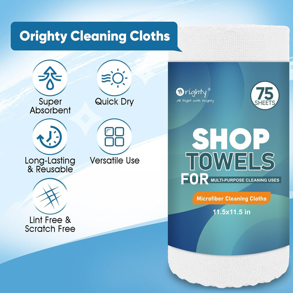 Orighty Microfiber Cleaning Cloths, 75 Sheets Shop Towels, Reusable Paper Towels Shop Rags, Washable Microfiber Towel Roll Cleaning Rags for Cars, House, Kitchen, 11.5’’ x 11.5’’, White