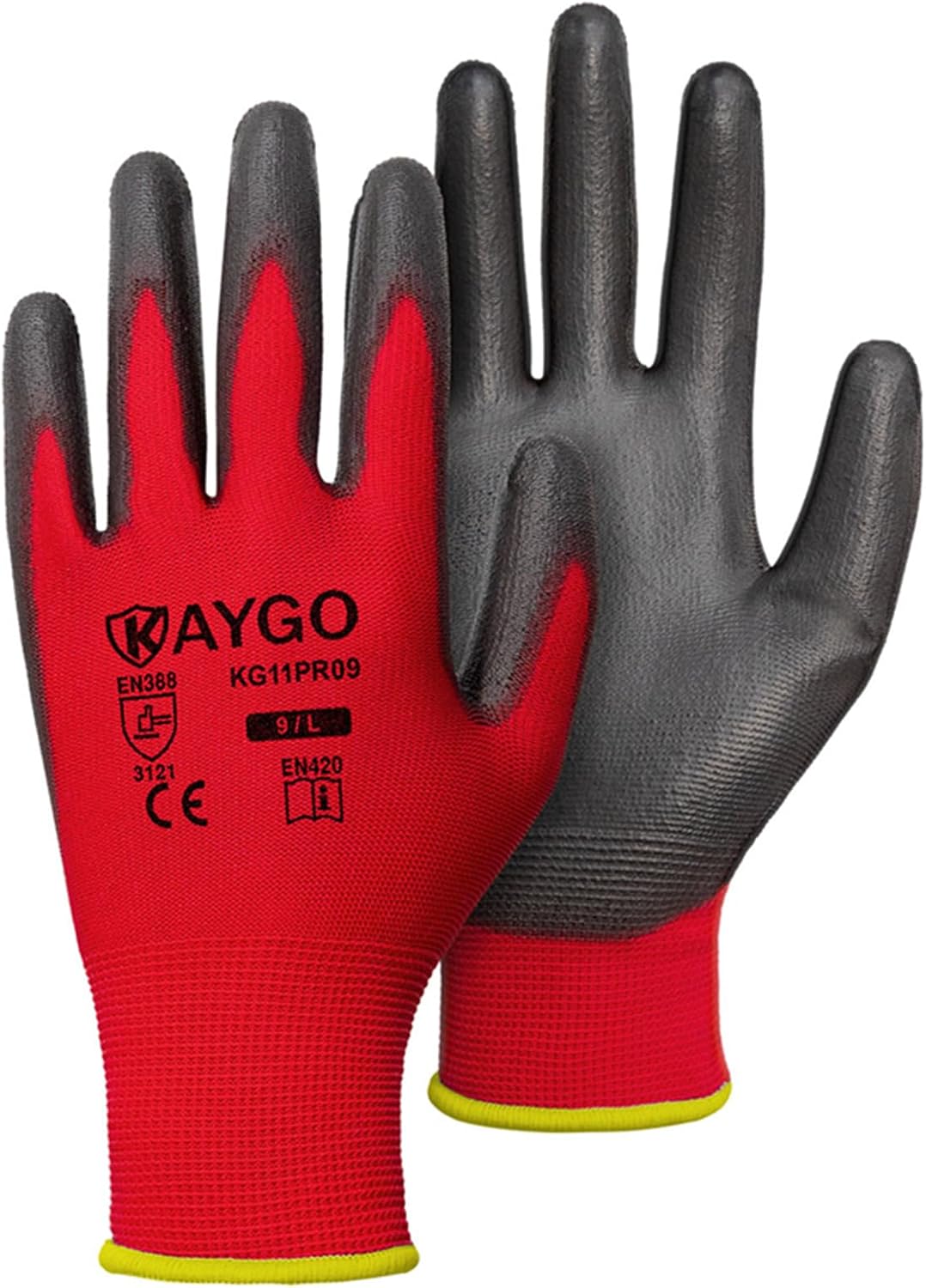 KAYGO Safety Work Gloves PU Coated for men and Women, 60 Pairs KG11P Seamless Knit Glove with Polyurethane Coated Smooth Grip on Palm and Fingers, Ideal for General Duty Work (L, Red)