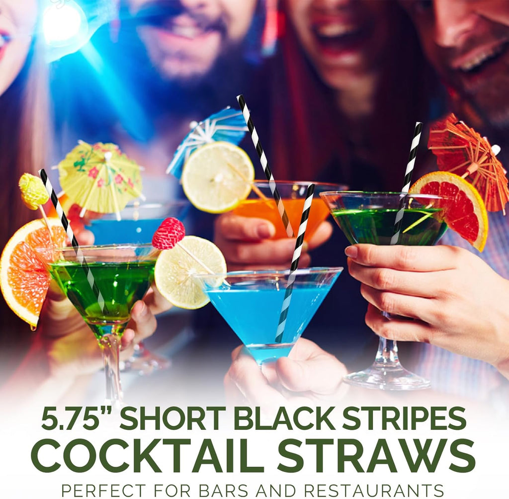 [500 Counts] Chunspak 5.75 inch Eco-friendly Disposable Short Paper Drinking Straws Bulk for Cocktail, Mixed Drinks - Black White Striped