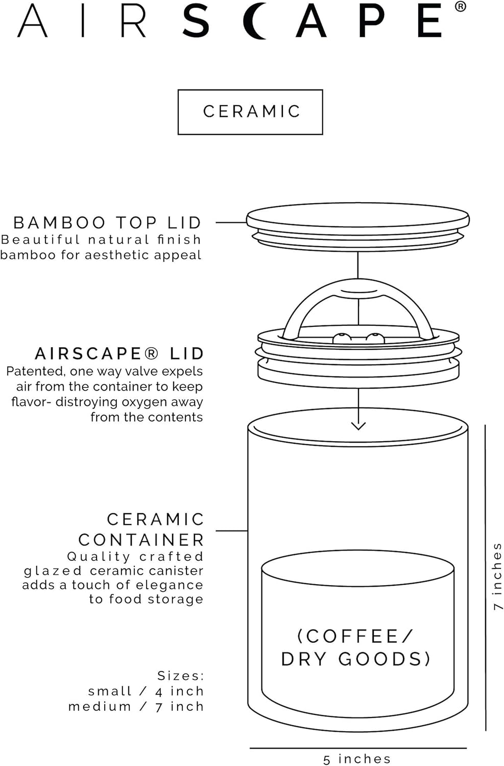 AirScape Planetary Design Ceramic Coffee and Food Storage Canister – Small 4-inch – US Patented Airtight Inner Lid – Gray with Bamboo Top