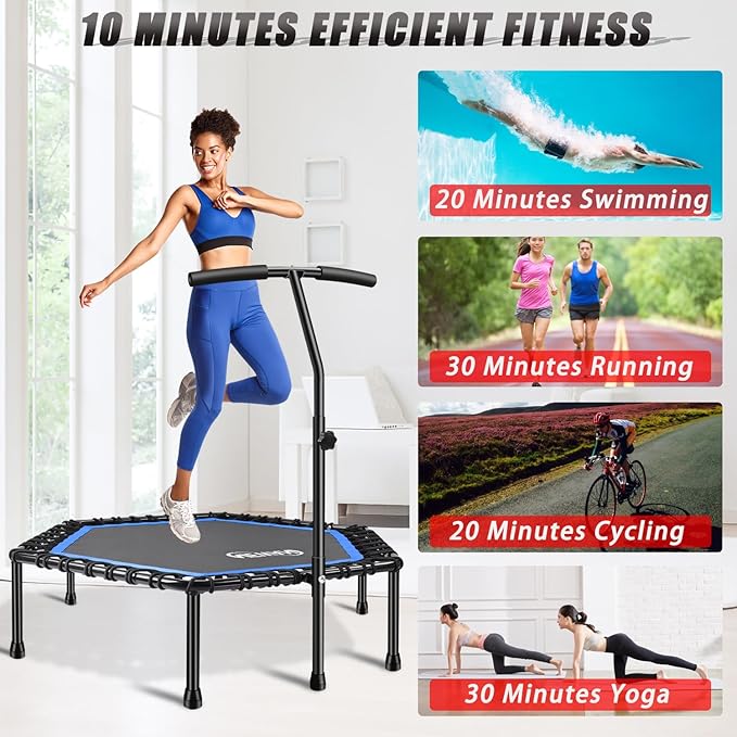 Newan 48'' Fitness Trampoline with Adjustable Handle Bar, Silent Trampoline Bungee Rebounder Jumping Cardio Trainer Workout for Adults - Max Limit 330 lbs