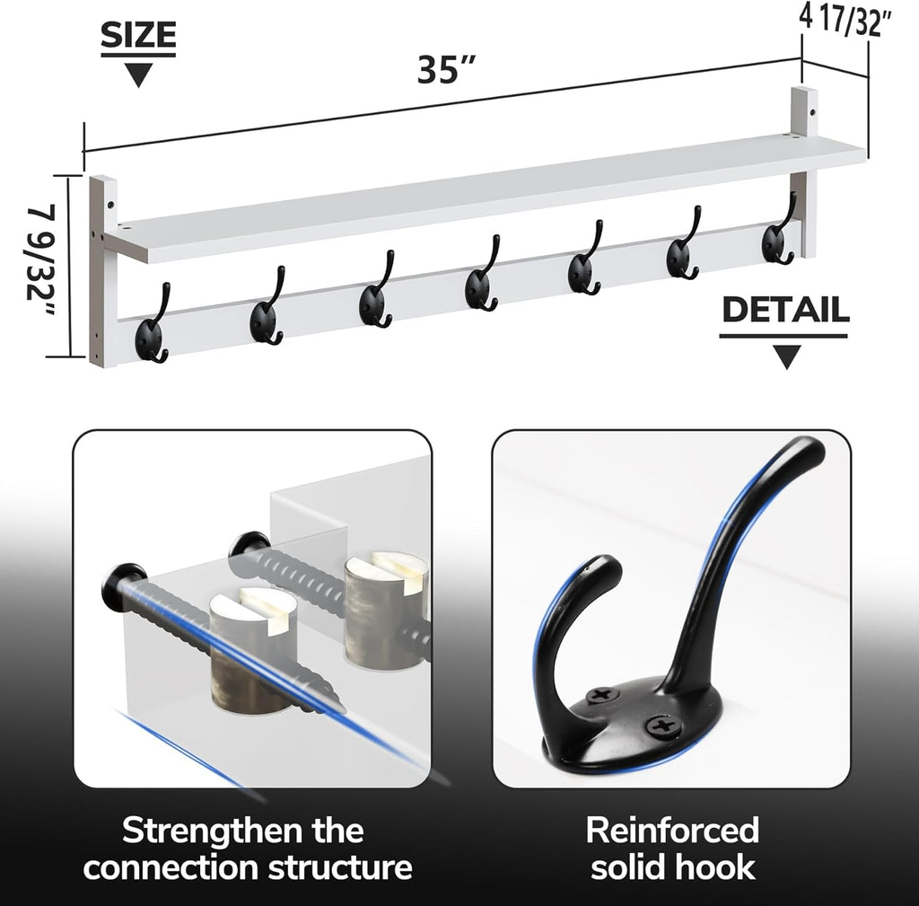 BAMEOS 35" L Wall Hooks with Shelf, Entryway Coat Hooks for Wall with Shelf, Wood Wall Hanging Shelf, Wall-Mounted Coat Rack with 7 Dual Metal Hooks for Bathroom, Kitchen, Living Room, Bedroom (White)