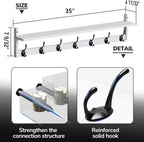 BAMEOS 35" L Wall Hooks with Shelf, Entryway Coat Hooks for Wall with Shelf, Wood Wall Hanging Shelf, Wall-Mounted Coat Rack with 7 Dual Metal Hooks for Bathroom, Kitchen, Living Room, Bedroom (White)