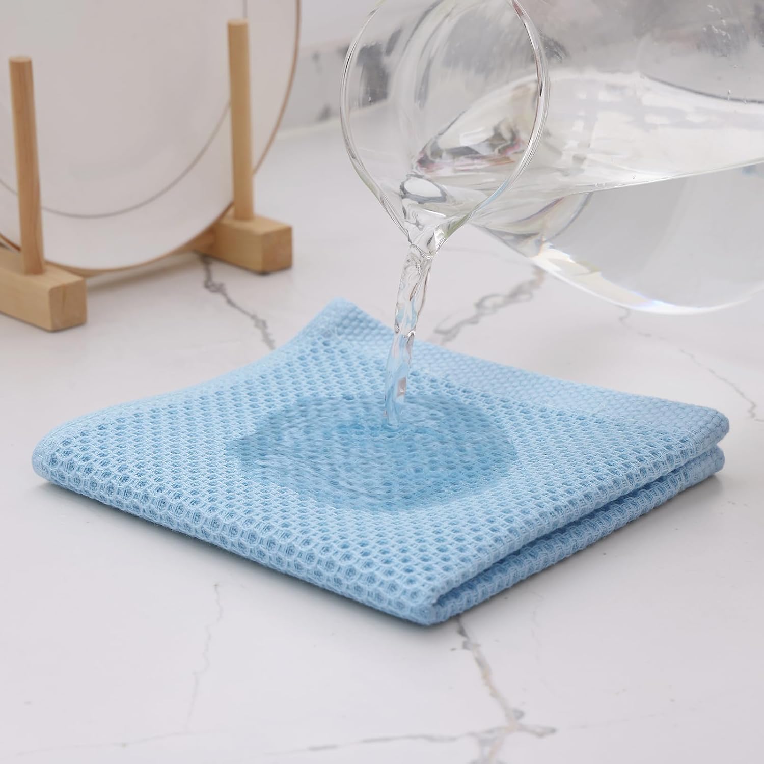 Kitinjoy 100% Cotton Kitchen Dish Cloths (12 X 12 Inches, Sky Blue),12 Pack Waffle Weave Ultra Soft Absorbent Dish Towels for Drying Dishes Quick Drying Kitchen Towels Dish Rags