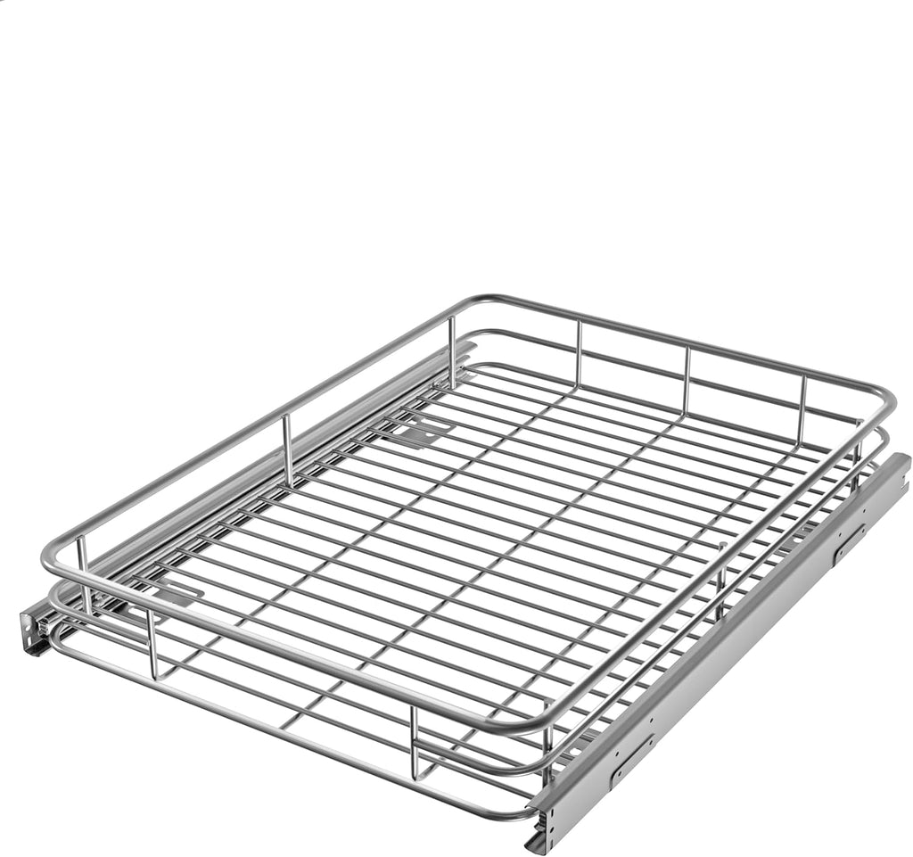 Heavy-Duty Premium Slide Out Shelves, Metal Roll Out Shelves for Kitchen Cabinets, Anti-Rust Chrome Finish (17" W x 21" D)