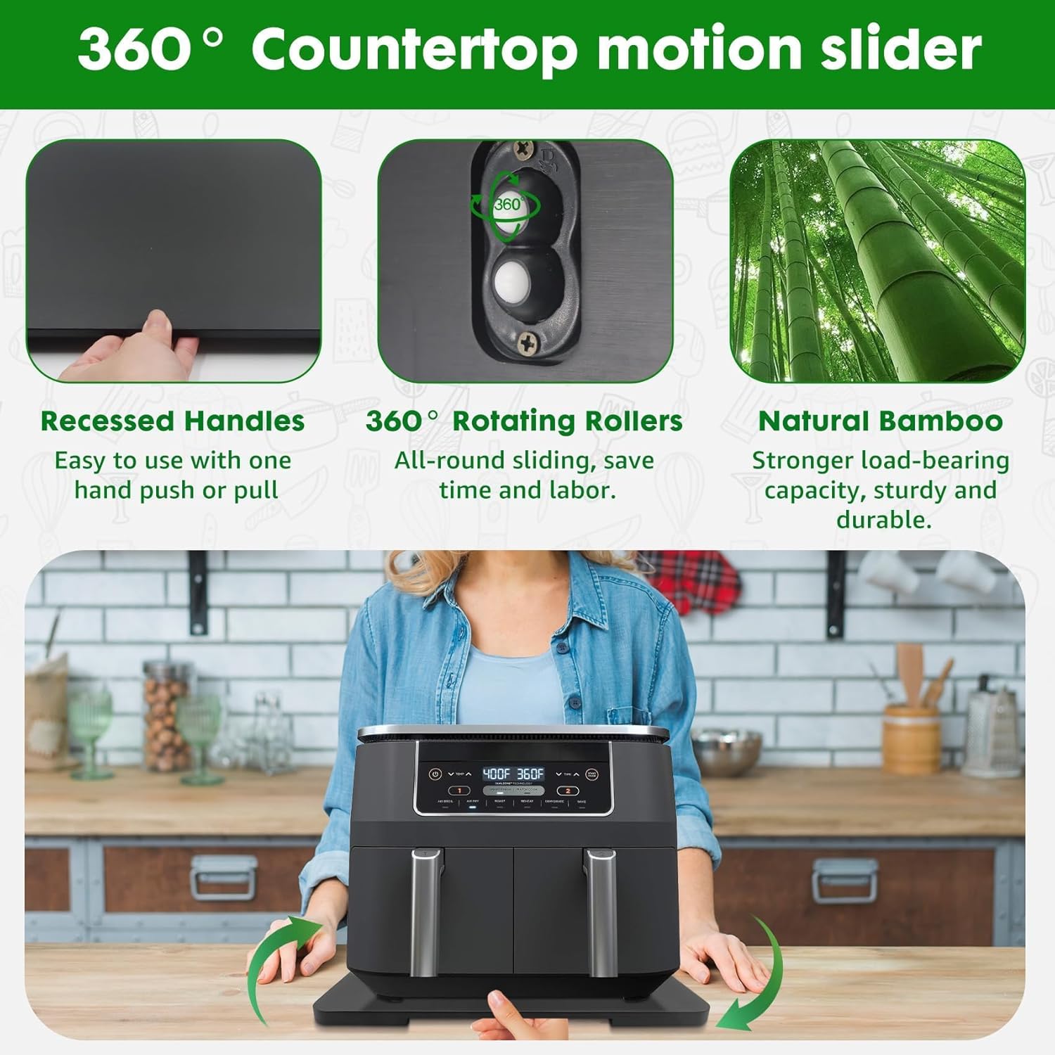 Appliance Slider 360° Rolling Tray for Coffee Maker Bamboo Coffee Pot Slider Tray for Countertop Rotation Sliding Tray with Wheels, Appliances Mat Easily from Under The Cabinet Black(15.7"×13")