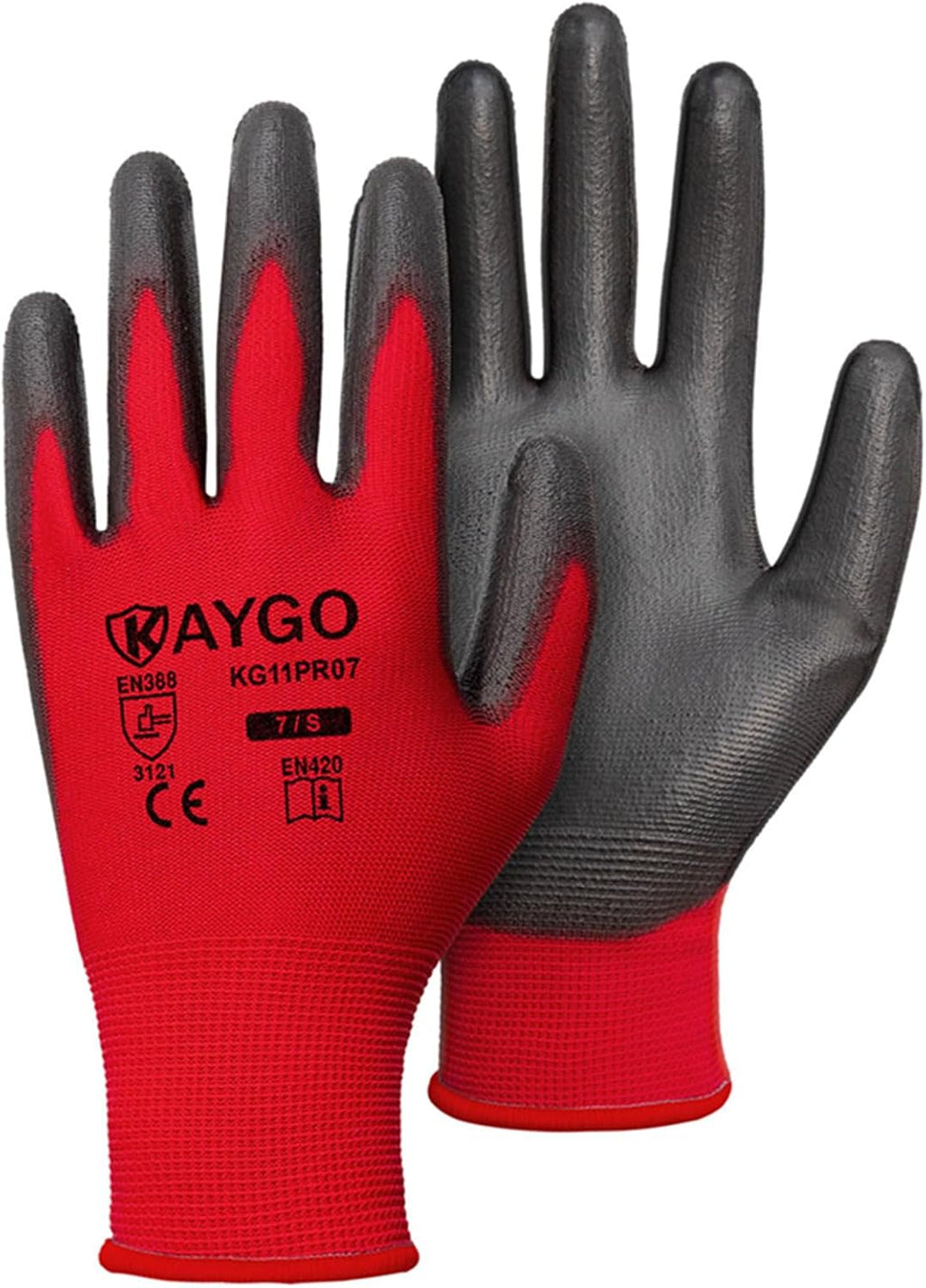 KAYGO Safety Work Gloves PU Coated-60 Pairs Seamless Knit Glove with Polyurethane Coated Smooth Grip on Palm & Fingers, for Men and Women, Ideal for General Duty Work, KG11PR (S,Red)