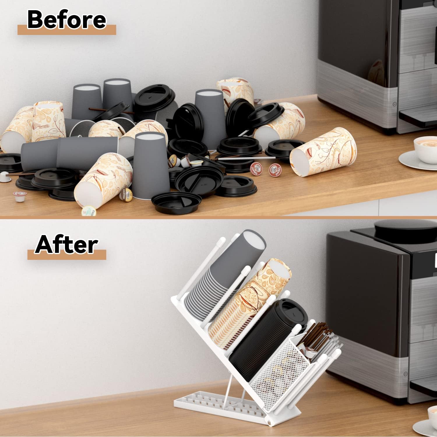 OVICAR Cup and Lid Holder - Adjustable Coffee Cup Holder Organizer 4 Compartment Disposable Cup Dispenser with Coffee Pod Straw Storage Basket for Coffee Station Bar Countertop Breakroom Metal White