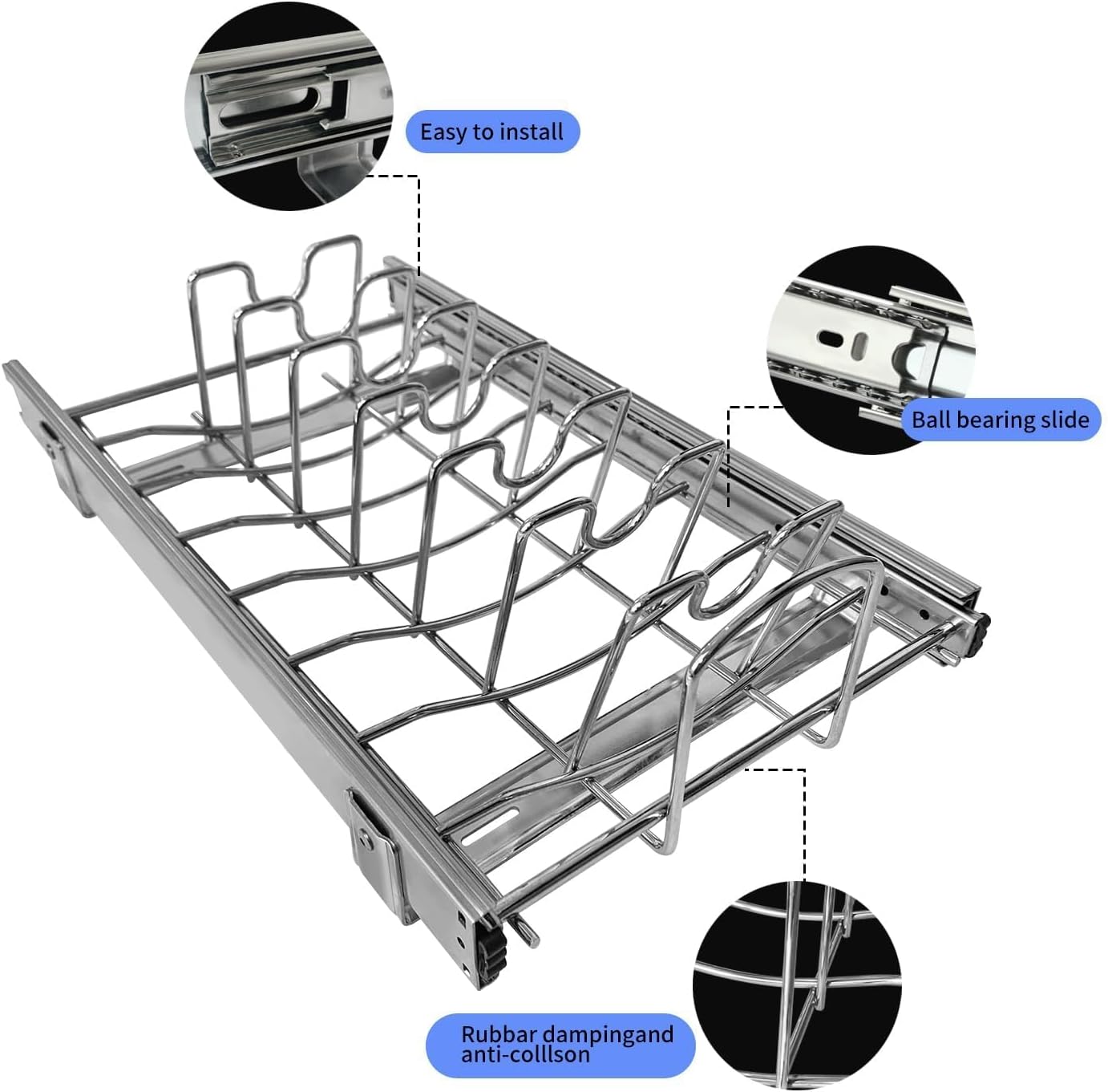 Slide Out Pan and Pot Lid Organizer For Under Cabinet, Wire Dividers Kitchen Pull Out Pot Lid Rack Organization And Storage, Full-Extension Rail, 12" W X 20" D