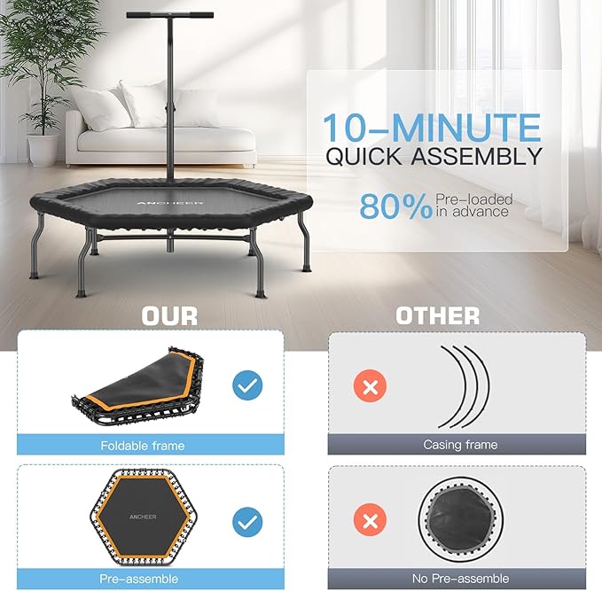 ANCHEER 50" Rebounder Trampoline for Adults With Bar, 550 LBS Mini Trampoline Quiet Exercise Bungee Jumping Cardio Trainer Workout