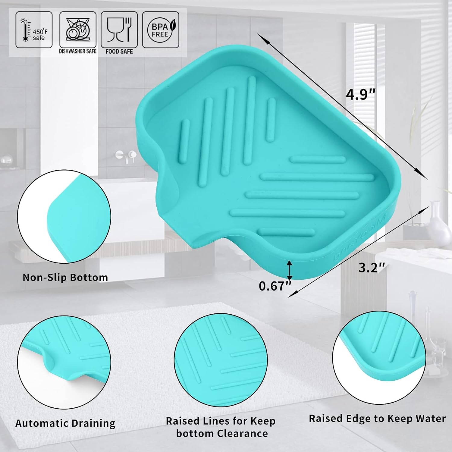 Silicone Bathroom Soap Dishes with Drain Spout-Bathroom and Kitchen Sink Organizer,Sponge Holder,Dish Soap Tray,Perfect for Dispenser,Scrubber,Bottle,Cup on Sink or Counter-Mint 4.9"×3.2"