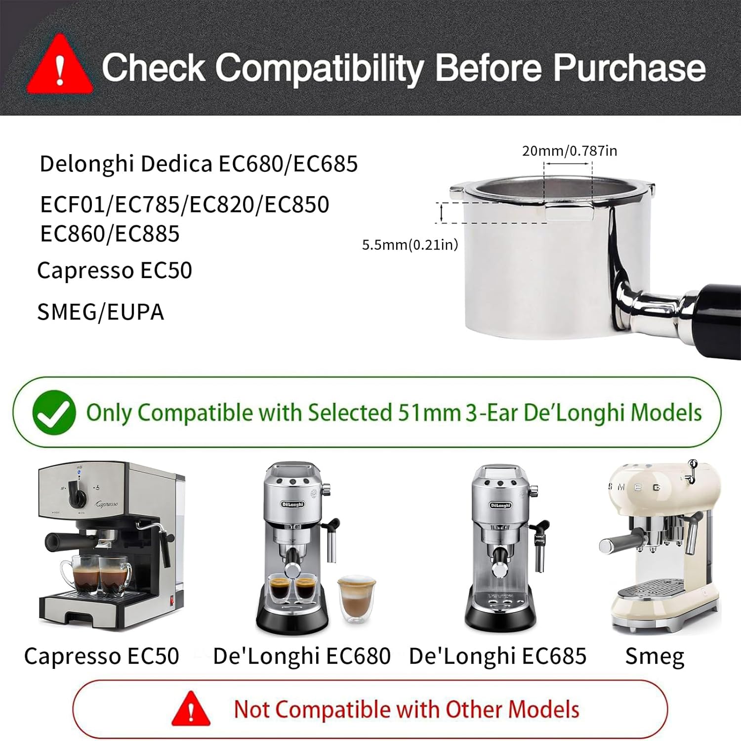 51mm Bottomless Portafilter for Delonghi Dedica EC680, EC685,SMEG and EUPA Coffee Machines, 3-Ear Design, Stainless Steel 51mm portafilter with Stainless Steel Double Shot Capacity Cup Filter Basket