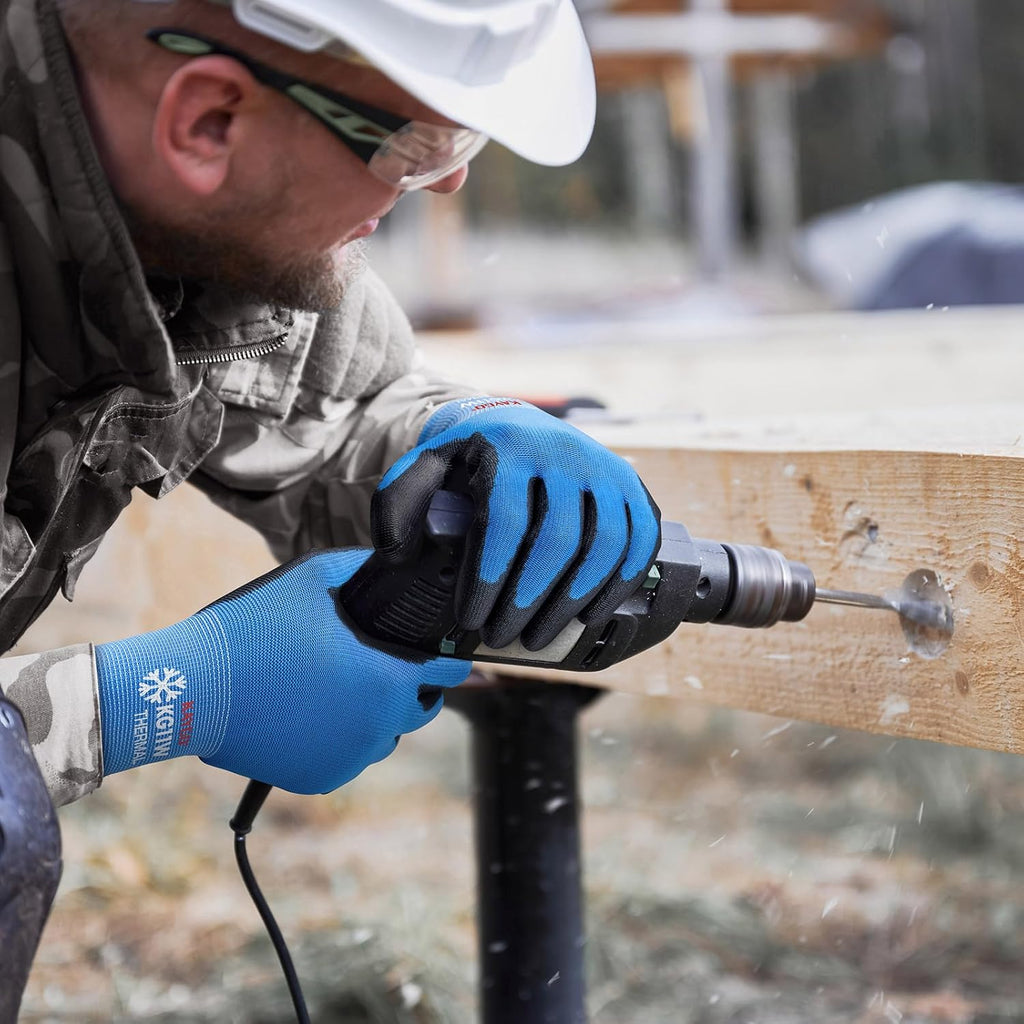 KAYGO Winter Work Gloves for Men and Women, 12 Pairs Thermal Insulated Safety Work Gloves PU Coated, Smooth Grip on Palm & Fingers,Ideal for Freezer Work,Blue,S