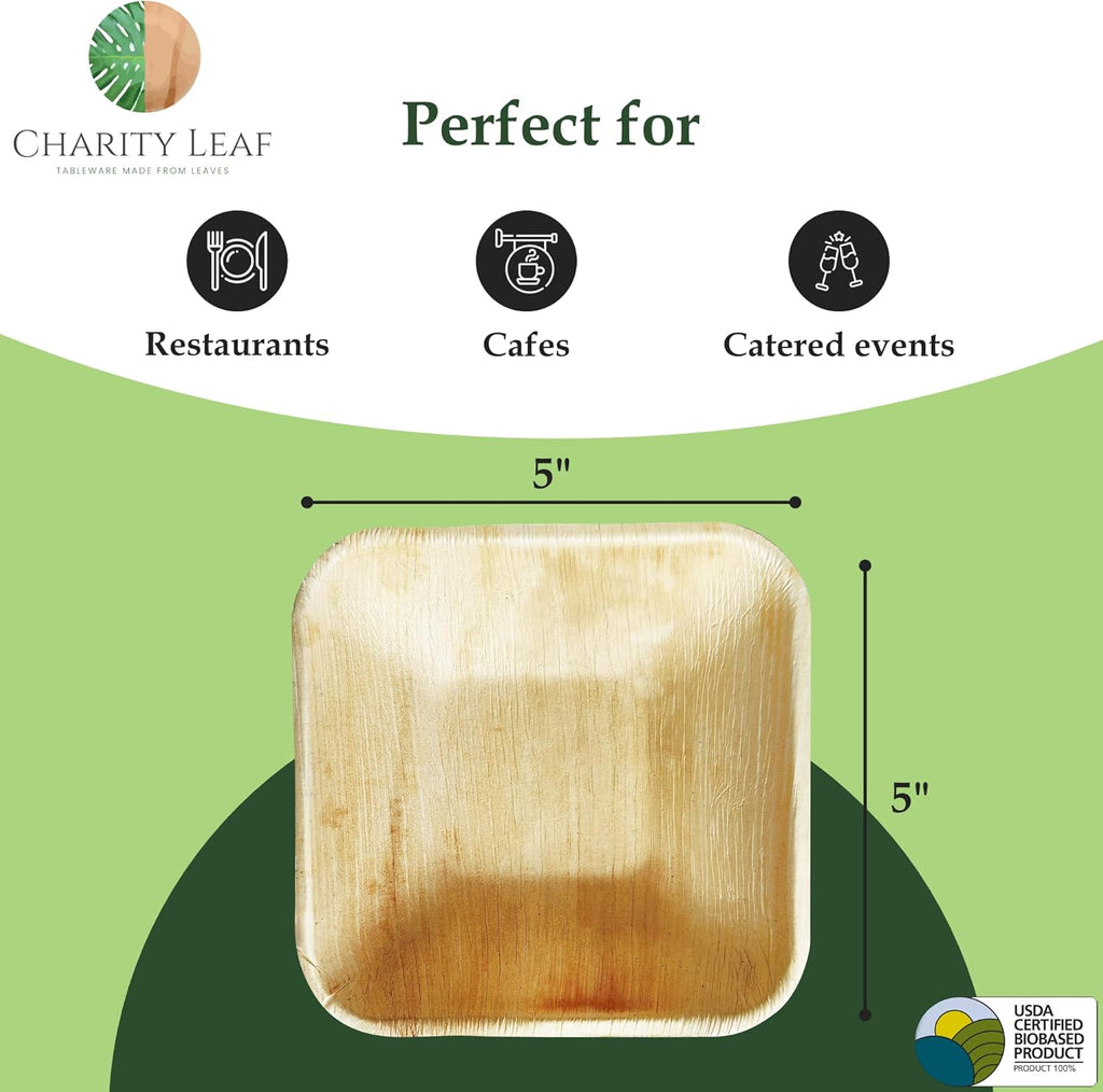 Charity Leaf Disposable Palm Leaf 5" Square Bowl (50 pcs) Dipping Bowls | Bamboo Like| All Natural and Biodegradable | Charcuterie Boards, BBQs, and Parties