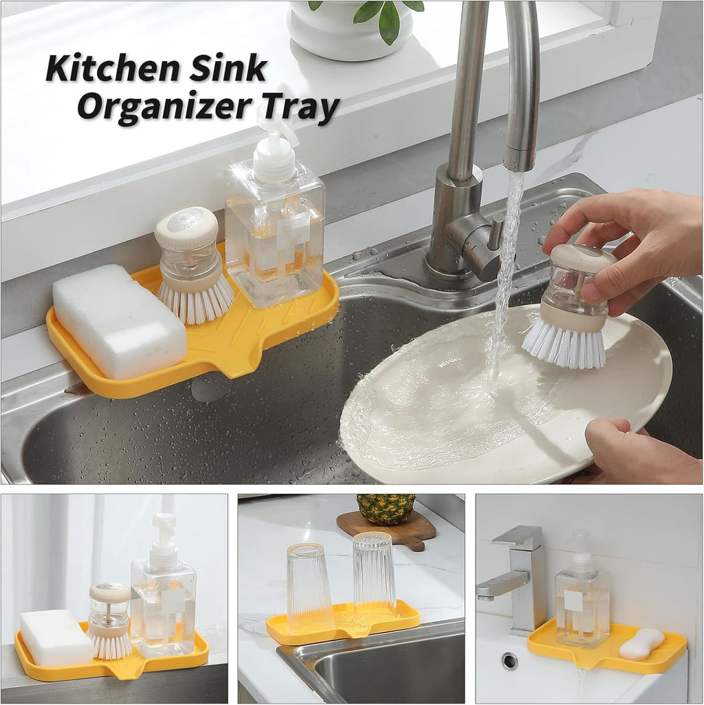 Silicone Bathroom Soap Dishes with Drain Spout-Bathroom and Kitchen Sink Organizer,Sponge Holder,Dish Soap Tray,Perfect for Dispenser,Scrubber,Bottle,Cup on Sink or Counter-Yellow 9.6"×5.3"
