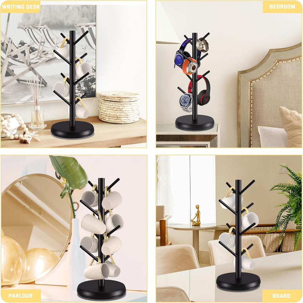 Mug Holder Tree,New Upgraded 360° Rotated 8 Hooks Coffee Cup Holder for Counter,Sustainable Wood Mug Rack Standing for Coffee Bar Accessories and Kitchen Home Organizer(Black)