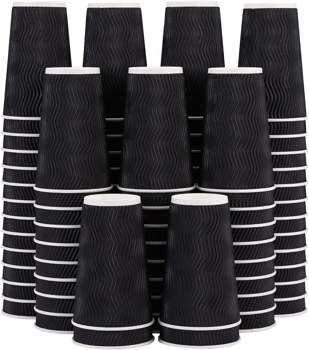 Lamosi 16 oz Coffee Cups - 90 Pack, Disposable Insulated Corrugated Paper Cups 16oz, Kraft Ripple Wall Cups for Hot Beverage or Cold Drinks (Black)