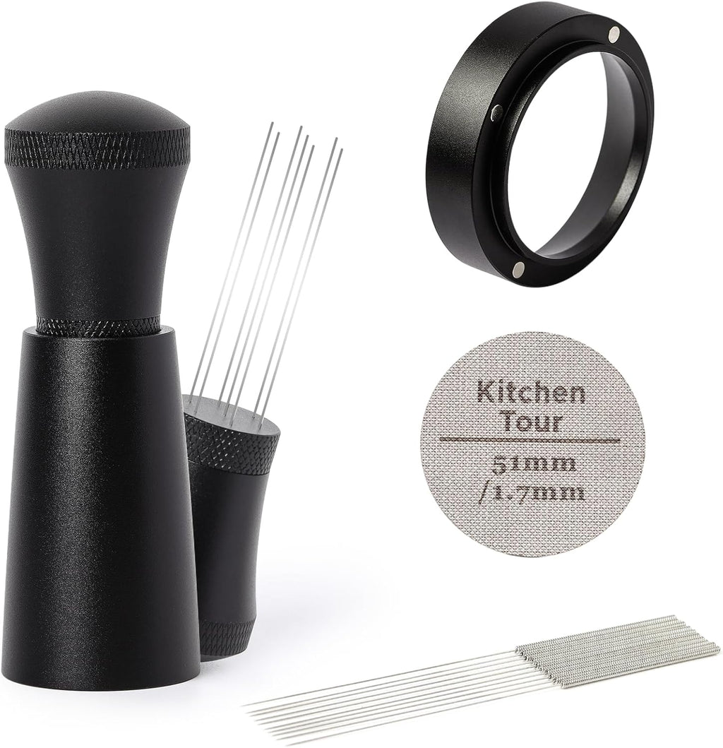 KitchenTour Espresso Accessories Kit 51mm, WDT Tool, Dosing Funnel and Puck Screen Set, 304 Stainless Steel Needle Coffee Distribution Stirrer, Portafilter Dosing Ring for Barista 51 mm