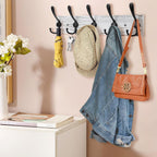 Coat Rack Wall Mount Wooden Hat Rack for Wall Hooks Pine Real Wood Plank 16.9" White Coat Hanger with 5 Black Triple Hooks for Hanging Coat Hat Jacket
