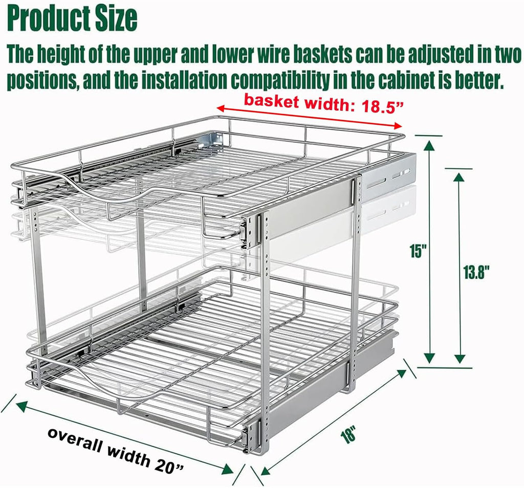 DINDON 2 Tier Pull Out Cabinet Organizer (20" W X 18" D), Double Tier Wire Basket Slide Out Shelf Storage for Kitchen Base Cabinet Organization for Kitchen, Pantry, Bathroom, Chrome