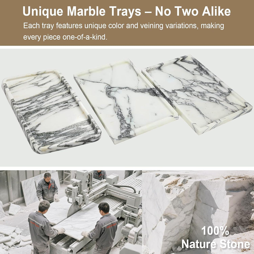 Natural Marble Vanity Tray - Moujings Genuine Marble Perfume Tray for Bathroom Decor, Stone Bathroom Vanity Organizer Tray for Kitchen Counter, Candles, Jewelry, Coffee, Makeup, Key